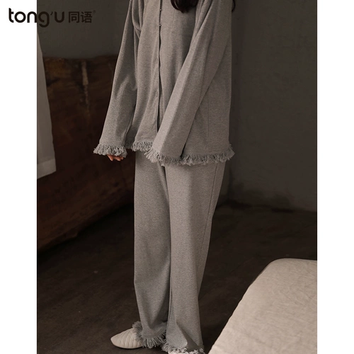 Осенняя пижама, хлопковый тонкий демисезонный лонгслив, комплект, простой и элегантный дизайн, свободный крой