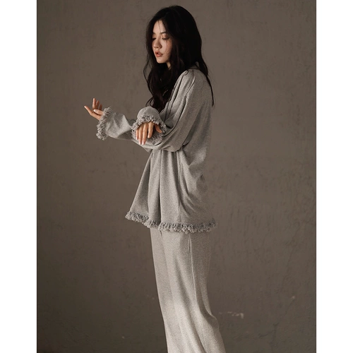 Осенняя пижама, хлопковый тонкий демисезонный лонгслив, комплект, простой и элегантный дизайн, свободный крой