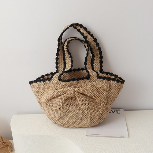 2026春蝴蝶结拉菲草手工编织包女度假旅行手提单肩包大容量托特包 - 图0