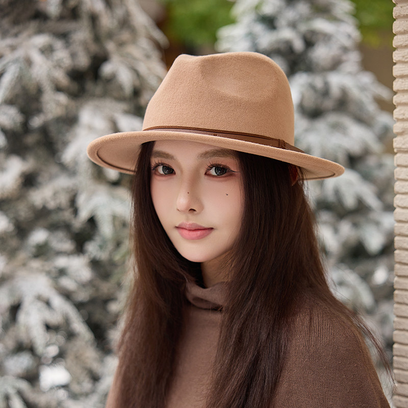 澳洲羊毛大檐礼帽女秋冬英伦复古百搭时尚毛呢帽爵士帽平顶毡帽子,淘宝优惠券,粉丝福利购,淘宝优惠卷