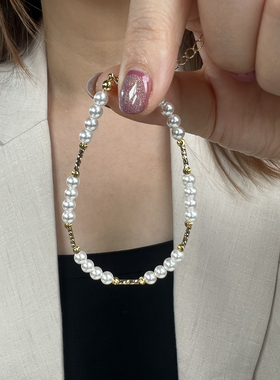 人造施家珍珠手链女 小米珠手串近正圆强光搭配镀金复古高级感