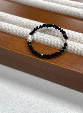 黑尖晶戒指女施家人造珍珠戒指女轻奢时尚新中式百搭