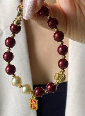 施家珍珠手链手串女 红色本命年新品轻奢时尚叠戴正圆极光新中式