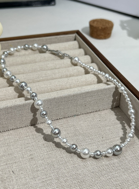 银灰混彩施家珍珠项链女 正圆极光锁骨链叠戴时尚大溪地天女Akoya