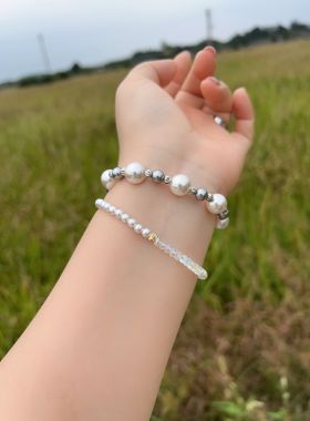 铂金灰澳白混搭施家人造珍珠手链 弹力绳复古小众高级