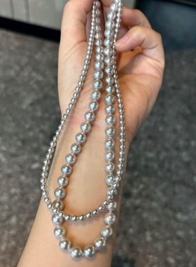 施家人造珍珠项链女 铂金灰轻奢小众高级感锁骨链正圆极光时尚