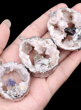 玛瑙空心水晶洞原石切片吊坠 镶嵌黄白蓝紫水晶 鎏银色边项链欧美