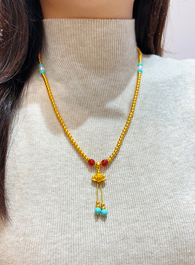 女沙金红玛瑙莲花绿松珠珠项链