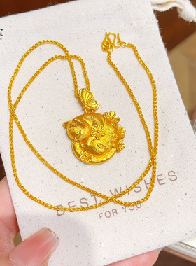 女沙金古法拉丝花间猫咪吊坠项链