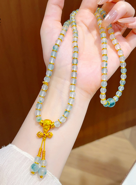 古法沙金三通金刚杵流苏项链女款