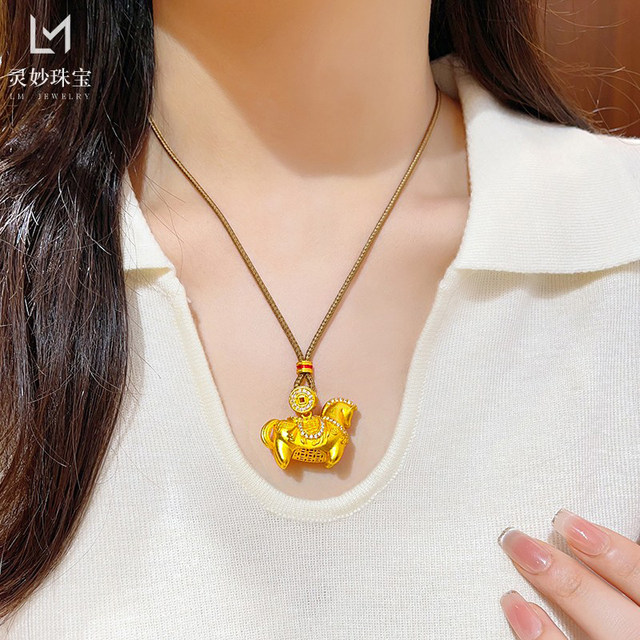 Female ancient sand gold and white diamond pony coin pendant necklace