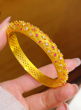 女沙金花丝玫红钻唐彩菱卡扣手镯