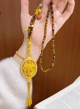 女沙金点钻龙凤香囊虎眼石项链