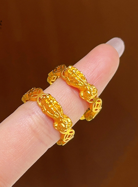 女沙金镂空吞金貔貅铜钱开口戒指