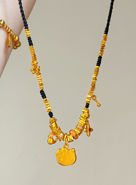 沙金小hellokitty猫黑绳盘缠项链