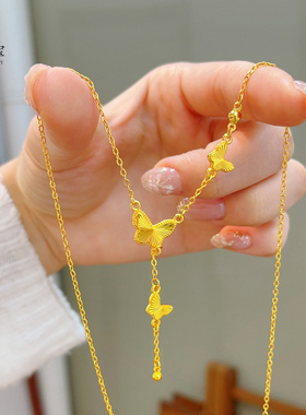 女沙金爆闪镭射三只蝴蝶项链