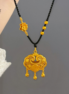 古法沙金如意福字铃铛锁吊坠项链