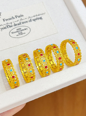 女沙金珐琅彩镂空花丝闭口戒指