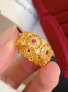 女沙金花丝玫红钻玫瑰窗花戒指