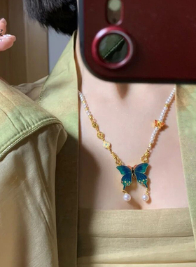 烧蓝古法沙金珍珠双勾链女毛衣链