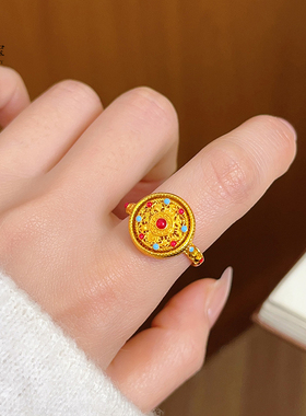 女沙金珐琅彩可转动八宝罗盘戒指