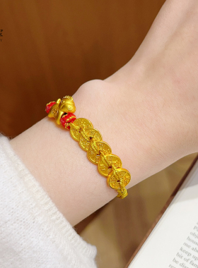女沙金马上有钱五帝钱红金绳手链