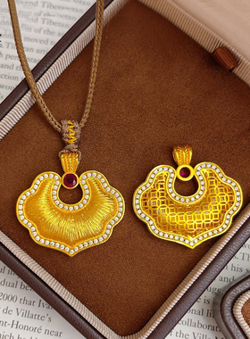 女沙金玫红钻拉丝如意吊坠项链