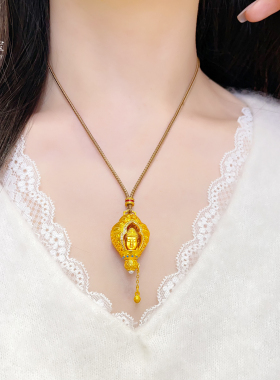 女沙金点钻镂空佛头法螺吊坠项链
