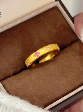 点钻拉丝玫红白钻四叶草开口戒指