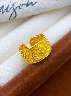 女沙金宽面錾刻富贵牡丹花戒指