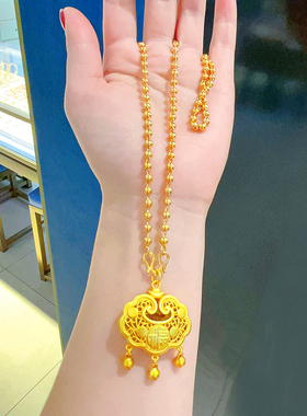 女沙金999长命平安锁项链吊坠