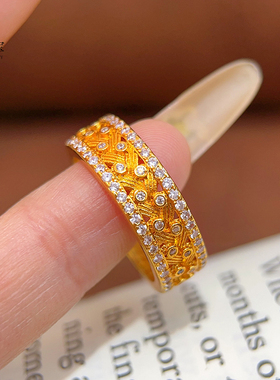 女沙金点钻金枝玉叶麦穗中古戒指