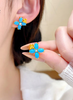 沙金点钻四叶草花瓣绿松项链耳钉