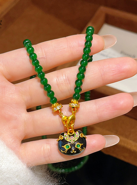 烧蓝猫神巴斯特绿玉髓圆珠项链