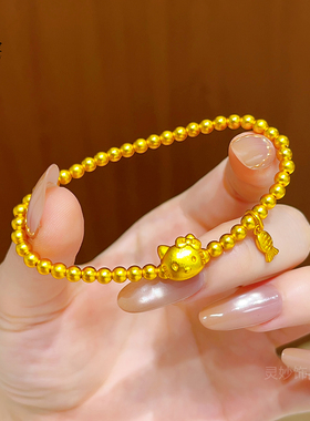 古法沙金kt凯蒂猫小鱼金珠手链女