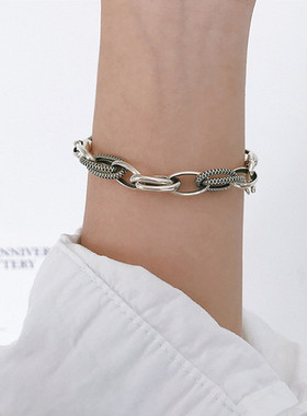 韩版镀银粗链条复古做旧手环