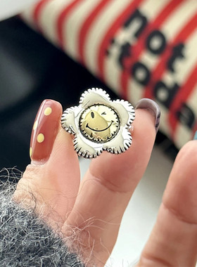 韩版s925镀银笑脸太阳花戒指女开口可调节小众高级2025年新品手饰