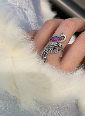 珐琅孔雀凤凰戒指925镀银小众中式复古文艺开口民族指环气质食指