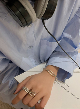 原创冷淡风复古做旧镀银别针戒子