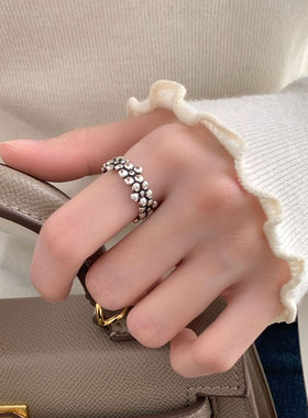 韩版新款S925镀银小众复古梅花戒指女INS个性风百搭指环时尚配饰