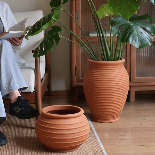 简约大口径红陶圆形陶瓷花盆手工无釉控根陶土透气大码落地式花器 - 图1
