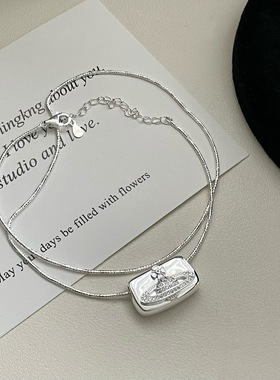 s925纯银西太后土星方牌包包锁骨项链韩国ins时尚轻奢风小众设计