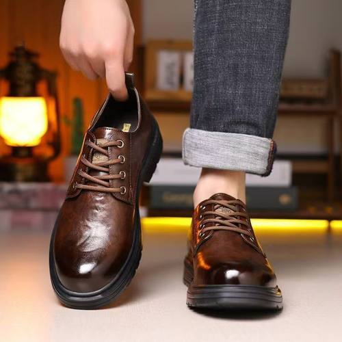 皮鞋男2025春季新款真皮透气商务休闲鞋厚底增高低帮男士工装鞋子 - 图0