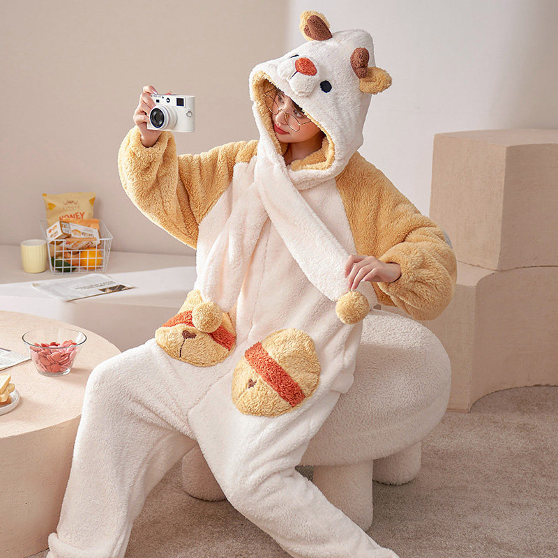 珊瑚绒连体秋冬季加绒可爱冬天睡衣 戴蜜睡衣/家居服套装