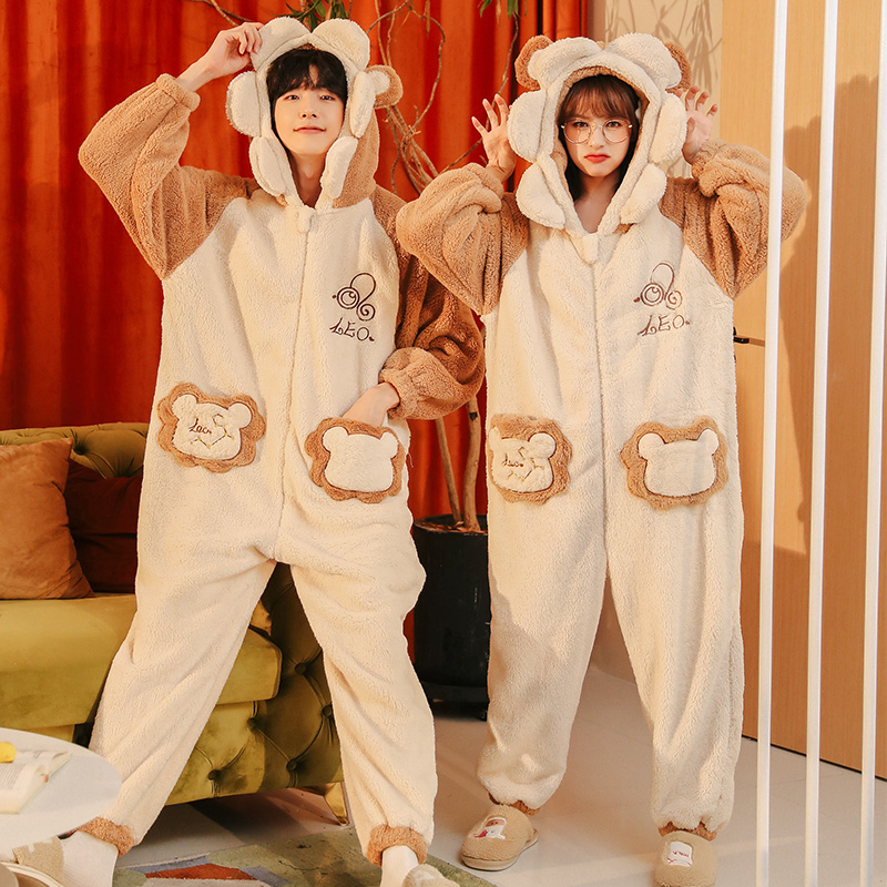 连体珊瑚绒情侣秋冬加绒睡衣 戴蜜睡衣/家居服套装
