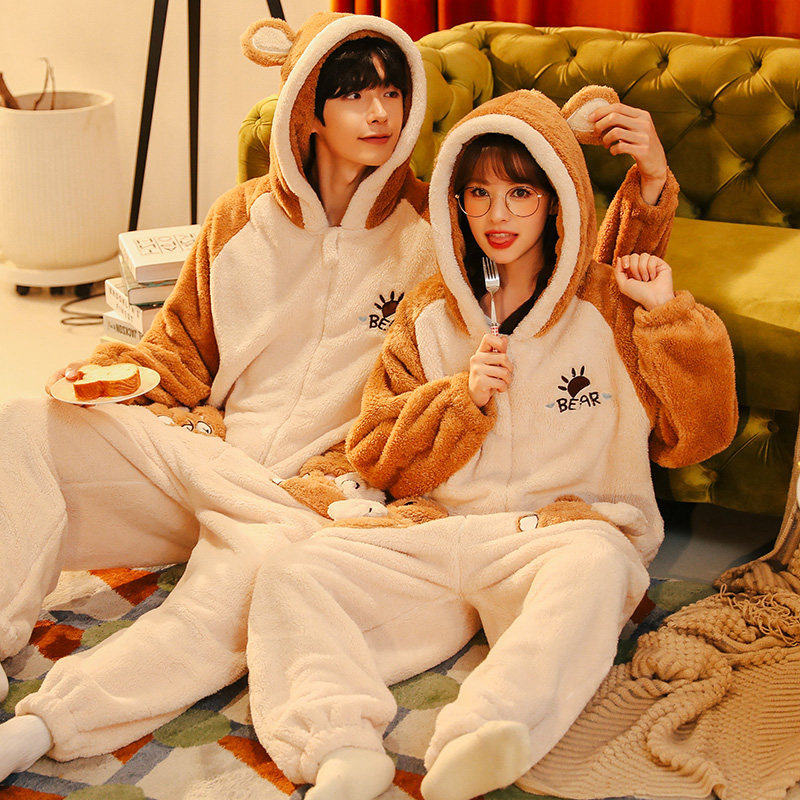 情侣冬季珊瑚绒加绒连体可爱睡衣 戴蜜睡衣/家居服套装