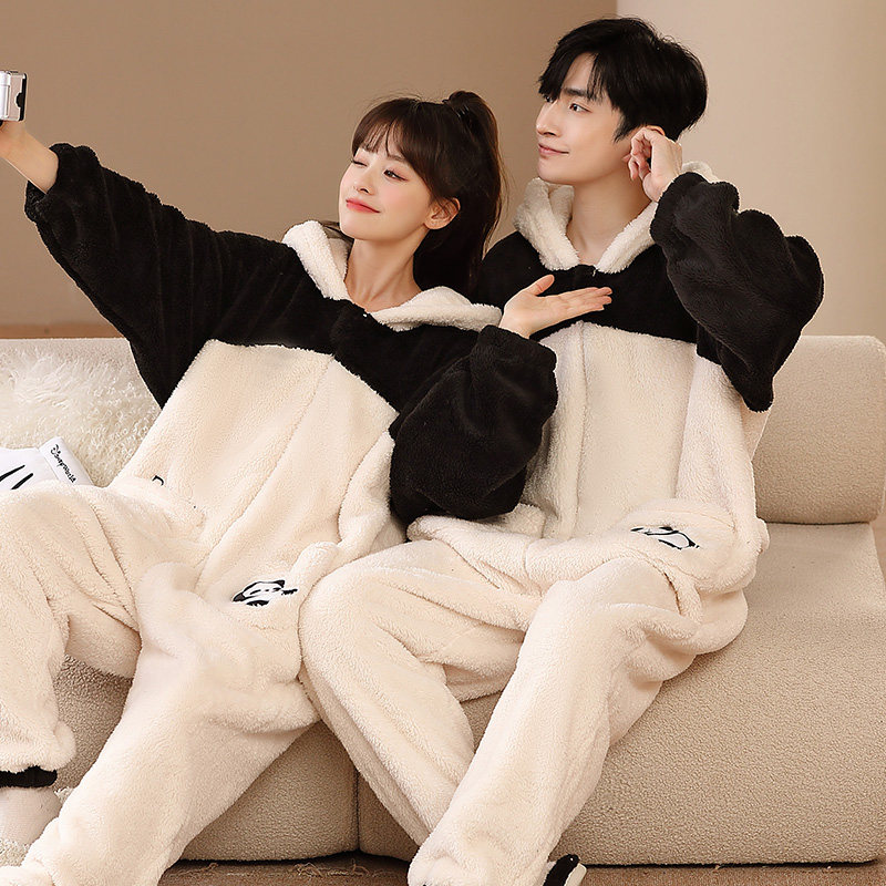 熊猫情侣连体秋冬季加绒珊瑚绒睡衣 戴蜜睡衣/家居服套装