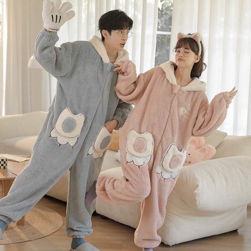 情侣连体冬天加绒珊瑚绒秋冬季睡衣 戴蜜睡衣/家居服套装