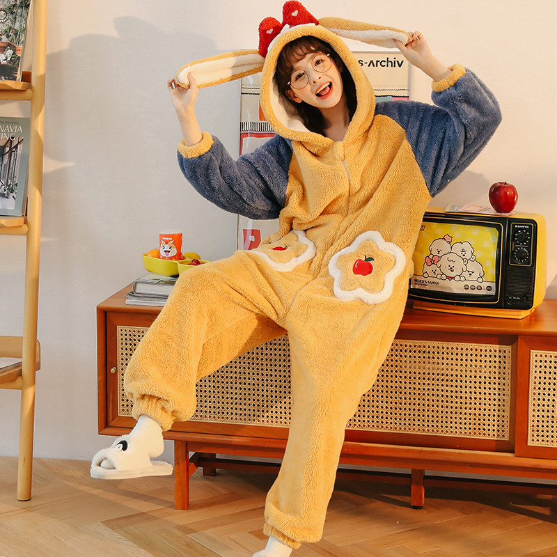 连体秋冬季加绒珊瑚绒可爱网红睡衣 戴蜜睡衣/家居服套装