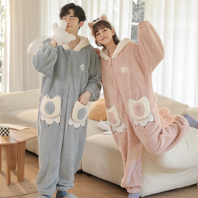 情侣连体冬天加绒珊瑚绒秋冬季睡衣 戴蜜睡衣/家居服套装